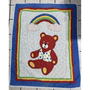Vintage Baby Dreams Crib Quilt Rainbow Primary Bear 40”x 30”